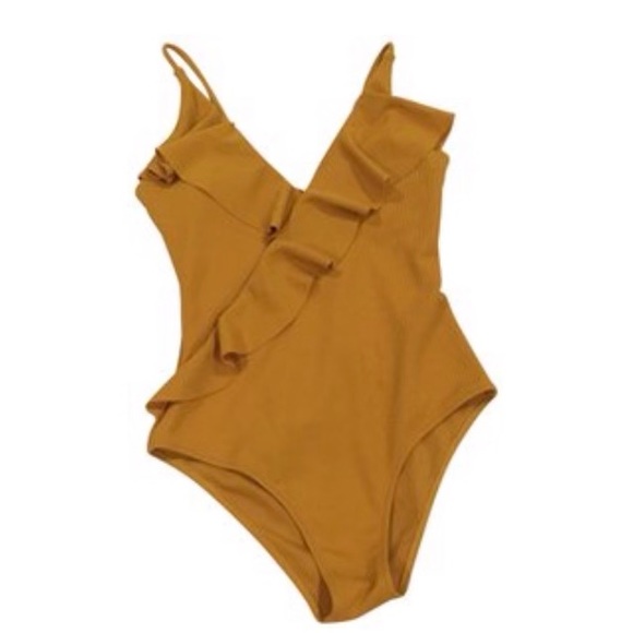 CUPSHE Yellow Solid One-piece Swimsuit Falbala V neck Ruffle Sexy Monokini 2022 - Picture 6 of 9